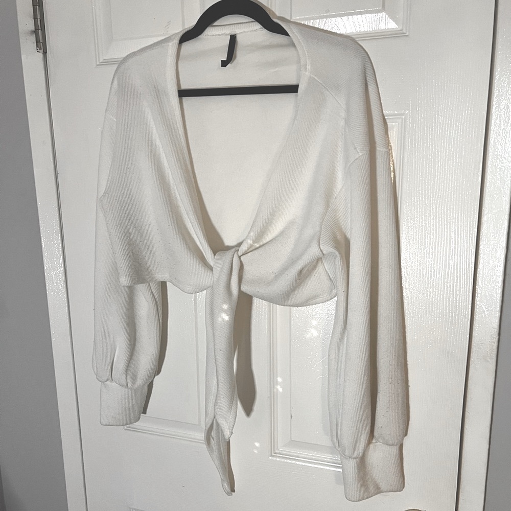 White Ribbed Sweater Tie-Front - Picture 2 of 6